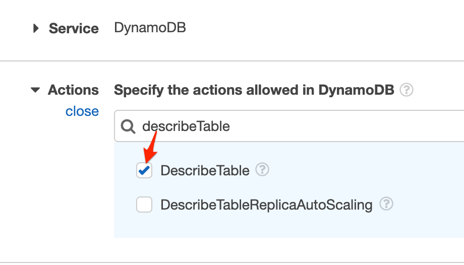 Select Action (describeTable)