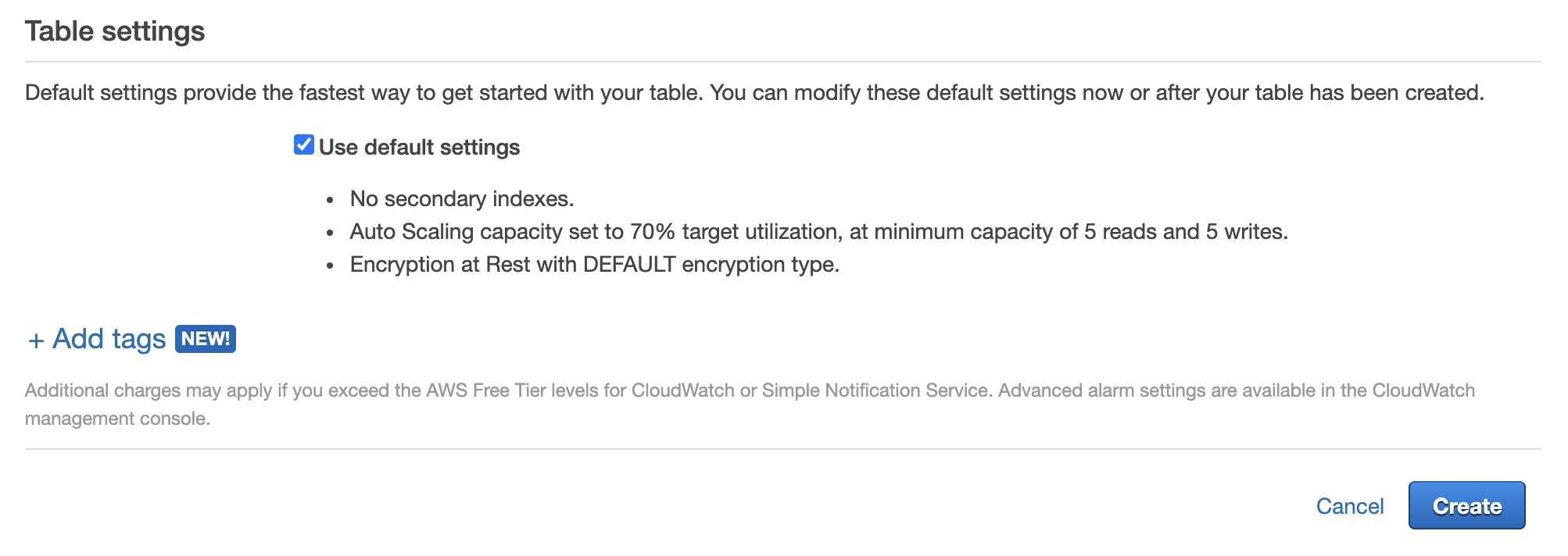 Creation of the Dynamodb table